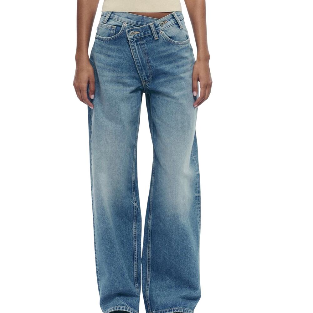Zara 100% Cotton Crossover Waist Sz 0 Wide Leg Jeans 33” Inseam Indie Sleaze EUC